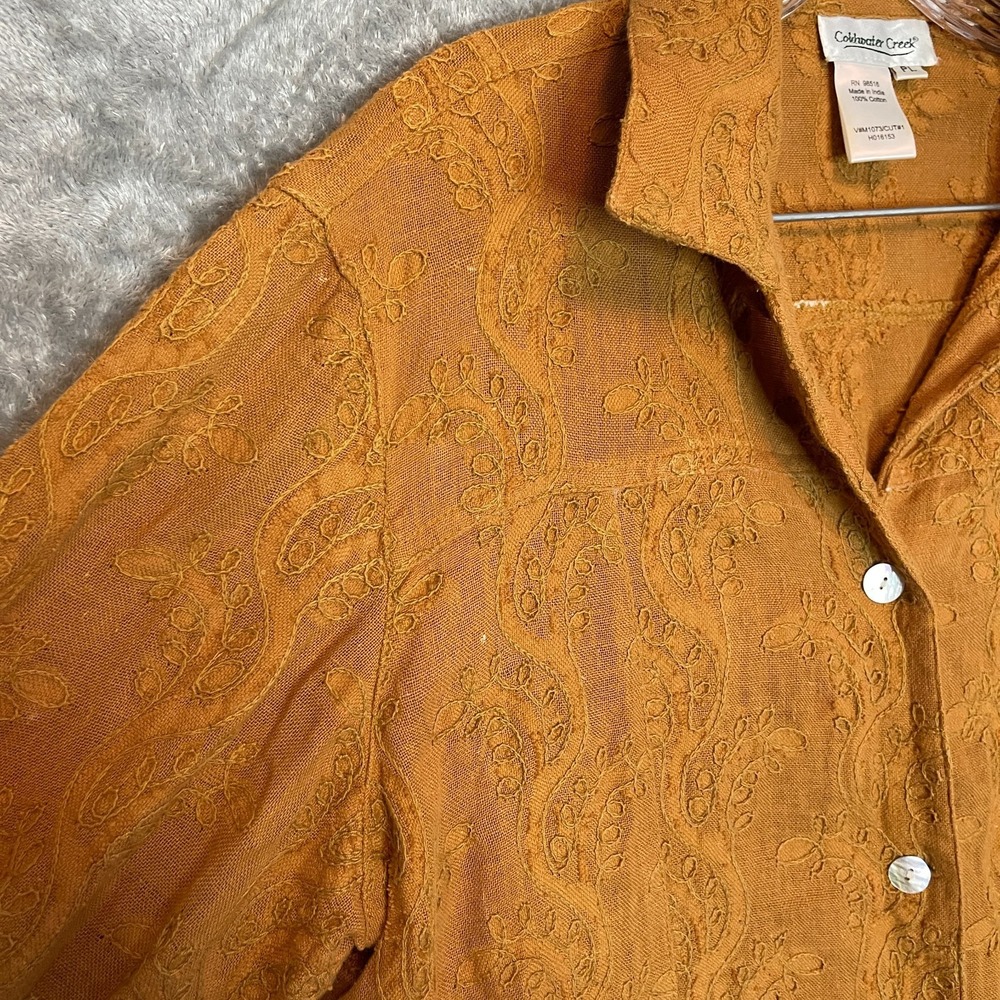 Coldwater Creek Women Embroidered Button Shirt PL Sheer Lightweight Boho Earthy
